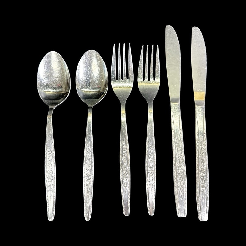 Vintage INTERPUR Stainless Steel JAPAN  Single Rose Flatware Lot of 6